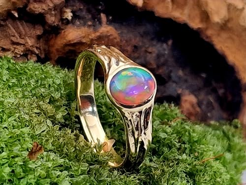 LeoLars-PABE Lightning Ridge Chrystal GEM Opal Design Ring, Gr. 58, aus 585er Gelbgold, Multicolor High End Opal, holzgemaserte Oberflächen Struktur, Unikat, Handarbeit