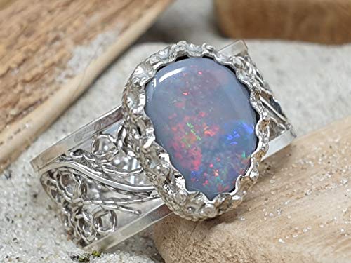 LeoLars-PABE Lightning Ridge Opal Filigree Ring aus 925er Silber, Gr.56, Filigran, Verspielt, Unikat, Handarbeit