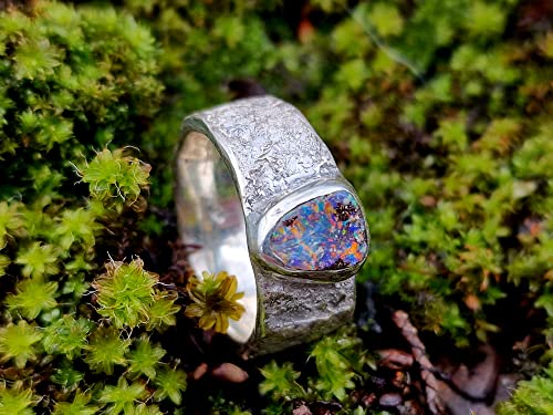 LeoLars-PABE Boulder Opal Design Ring, Gr.60, Structure Design Stone, Stein, aus 925er Silber, Multicolor Opal 8.3x8mm, Unikat, Handarbeit