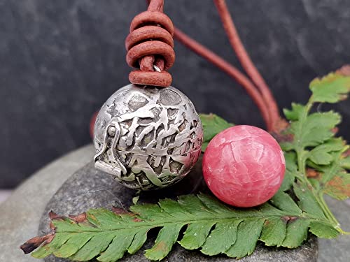 LeoLars-PABE Medaillon Kugel Planet aus 925er Silber mit Rhodochrosit Kugel in innern, Unikat, Handarbeit