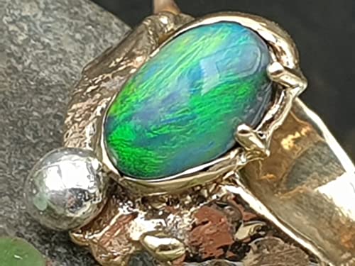 LeoLars-PABE Lightning Ridge GEM Opal Design Ring aus 585er Gold, Gr.60 (19.2), Black Chrystal, Brilliante Farben, Unikat, Handgeschmiedet