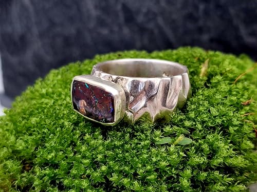 LeoLars-PABE Boulder Opal herren Design Ring, Gr.65-66, aus 925er Silber, Opal mit Muster und bunten Opaladern, grob geschliffen, massiv, Unikat, Handarbeit