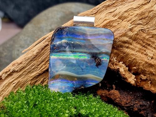 LeoLars-PABE Boulder Opal Anhänger mit 925er Silberrohr, Meeresfarben, mit Regenbogen Opalfeuer Streifen, Unikat, Handgeschliffen