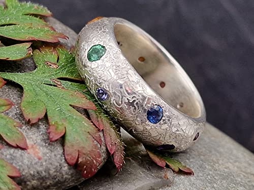 LeoLars-PABE Rainbow Universe Ring aus 925er Silber, Gr.61 (19,5), mit verschiedensten echten Edelsteinen, eismattiert, Unikat, Handarbeit