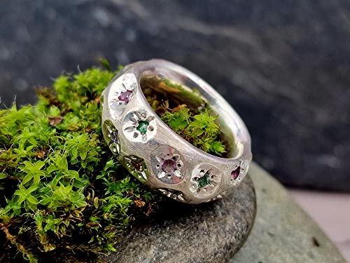 LeoLars-PABE Blüten Design Ring, Gr.56, aus 925er Silber, massiv, mit Citrin, Amethyst, Rubin, Tsavorit, Saphir und Blautopas als Blüten, Unikat, Handarbeit