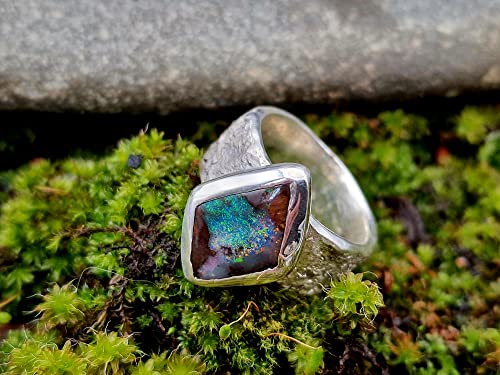 LeoLars-PABE Boulder Opal Design Ring, Gr.53-54, aus 925er Silber im Structure Design Stein, Opal mehrfarbig 18.3mm x 10.3mm, Unikat, Handarbeit
