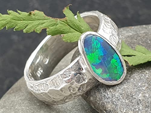 LeoLars-PABE Lightning Ridge Opal Design Ring, Gr.58, 925er Silber, Grün-Blaues Honeycomb Pattern Feuer, Unikat, Handarbeit