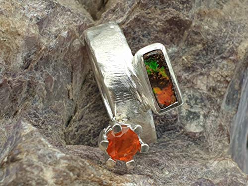 LeoLars-PABE Boulder und Feueropal Design Ring aus 925er Silber, Gr.57, geschmiedetes Design, Unikat, Handarbeit