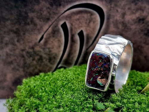 LeoLars-PABE Boulder Opal herren Design Ring, Gr.65-66, aus 925er Silber, Opal mit Muster und bunten Opaladern, grob geschliffen, massiv, Unikat, Handarbeit