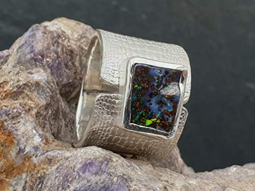 LeoLars-PABE Boulder Opal Design Herren Ring aus 925er Silber, Gr.65, Schlangenhaut Muster, Massiv, Unikat, Handarbeit