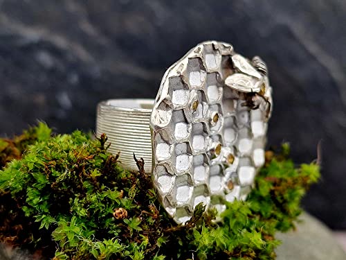 LeoLars-PABE Bienen Design Ring mit Wabe und Citrinen, Gr.58-59, aus 925er Silber, Gelb, Honig, Biene, mit Pampasgrasstruktur, Unikat, Handarbeit