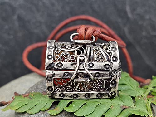 LeoLars-PABE Schatztruhe Filigree Anhänger aus 925er Silber, viele Details, zum öffnen und schließen, Schatz-verschiedene Edelsteine, Unikat, Handarbeit