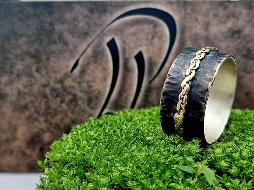 LeoLars-PABE Herren Bicolor Design Ring, Gr.69, aus 925er Silber mit montierter 585er Gelbgold Kette, geschwärzt, mystisch, magisch, Unikat, Handarbeit