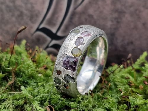 LeoLars-PABE Bunter Design sandguss Ring, Gr.64 (20,2), aus 925er Silber mit eingegossenen bunten echten Edelsteinen, massiv, Handarbeit, Unikat