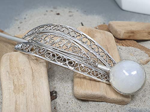 Haarnadel, Fibel aus 925er Silber mit weißem Labradorit in Filigree, Filigran, Unikat, Handarbeit