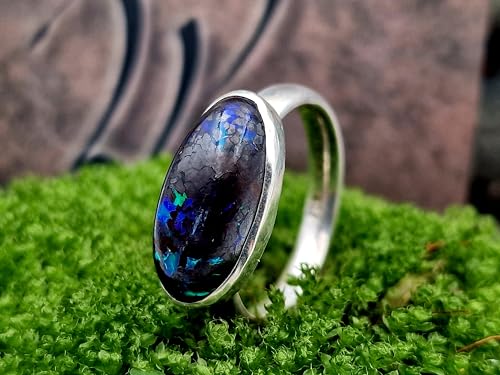 LeoLars-PABE Boulder Matrix Opal Ring, Gr. 63, Unisex, aus 925er Silber mit grün-blau-lila Opalfeuer, Unikat, Handarbeit
