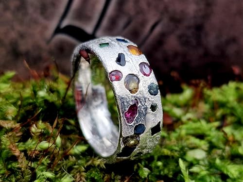 LeoLars-PABE Design Sandguss Chaos Ring, Gr.56 (17,8), mit echten eingegossenen verschiedensten Edelsteinen aus 925er Silber, Nr.52, Unikat, Handarbeit