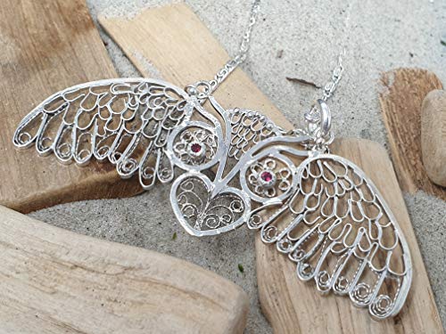 LeoLars-PABE Filigree Anhänger aus 925er Silber Eule, 50cm Silberkette, 2 Rhodolite, Unikat, Handarbeit