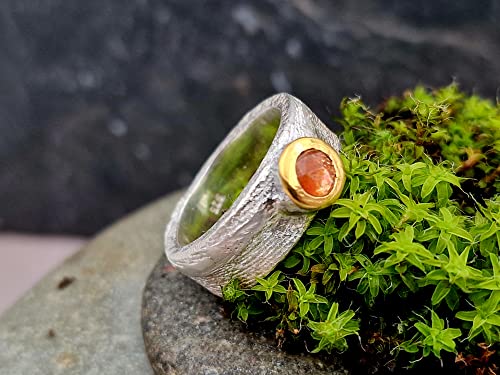 LeoLars-PABE Sonnenstein Ring im Rosenschliff, Gr.56, aus 925er Silber mit Feingoldfassung, Oberfläche Sepiaguss, Unikat, Handarbeit