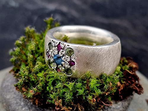 LeoLars-PABE Edelstein Blüten Design Ring, Gr.59, aus 925er Silber, mit Blautopas, Peridot und Rubinen, massiv, eismattiert, Unikat, Handarbeit