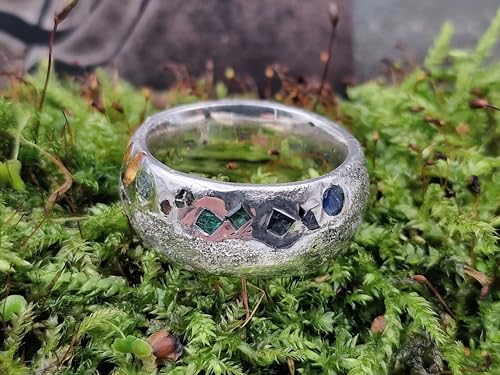 LeoLars-PABE Sandguss Design regenbogen Ring, Gr. 62-63 (19,9), mit eingegossenen echten bunten Edelsteinen aus 925er Silber, Handarbeit, Unikat