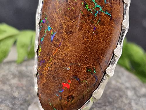 LeoLars-PABE Boulder Matrix Opal Design Anhänger aus 925er Silber, Mehrfarbig, Opal 32x15mm, Unikat, Handarbeit