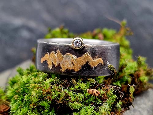 LeoLars-PABE Diamant Design Ring, Gr.62, aus 925er Silber mit Goldfassung und Goldakzenten, geschwärzt, starker Kontrast, massiv, Unikat, Handarbeit