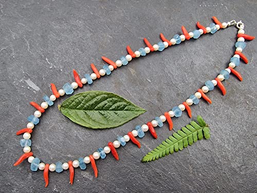 LeoLars-PABE 44cm Aquamarin und Perlen Kette mit 925er Silberverschluss, Unikat, Handarbeit