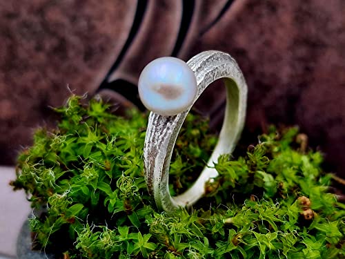 LeoLars-PABE 925er Silber Ring, Gr.56, mit Süßwasserzuchtperle, mit Sepiaguss O=berfläche, teilgeschwärzt, Unikat, Handarbeit