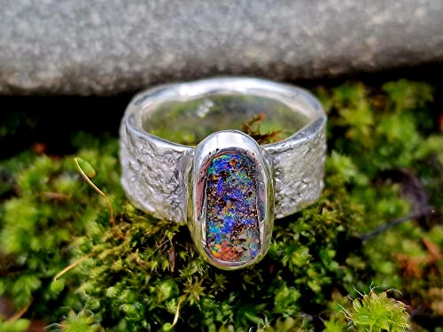 LeoLars-PABE Design Ring mit Boulder Opal aus 925er Silber, Ringschiene mit Stein Struktur, Gr. 57-58, Opal 13.4x6.1mm, Unikat, Handarbeit