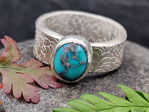 LeoLars-PABE Echter Türkis Design Ring, Gr.56 (18), aus 925er Silber, floral geprägte Ringschiene, massiv, Unikat, Handarbeit