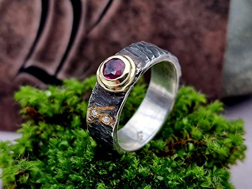 LeoLars-PABE Rubin Design Ring, Gr.55-56, aus 925er Silber mit Goldfassung und zwei Diamanten, teilgeschwärzt, Unikat, Handarbeit