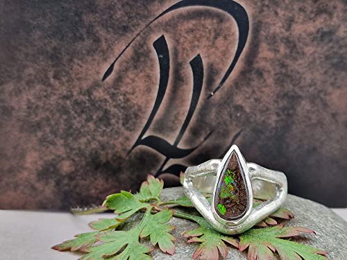 LeoLars-PABE Boulder Opal Design Ring, Gr.55 (17.5), aus 925er Silber, teil-eismattiert, Tropfen, Unikat, Handarbeit