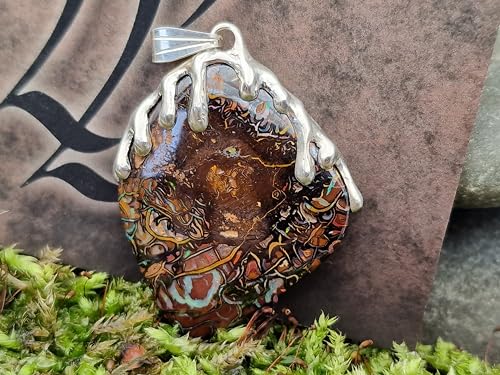 LeoLars-PABE Beidseitig tragbarer Boulder Opal Anhänger im Tropfen Design aus 925er Silber mit tollem Muster und partiellem Opalfeuer, Unikat Handarbeit