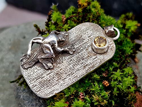 LeoLars-PABE Wetterfrosch Anhänger aus 925er Silber mit Citrin als Sonne, echte Pampasgrasstruktur, teilgeschwärzt, Unikat, Handarbeit