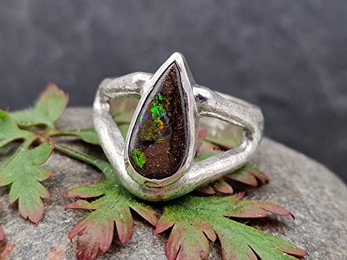 LeoLars-PABE Boulder Opal Design Ring, Gr.55 (17.5), aus 925er Silber, teil-eismattiert, Tropfen, Unikat, Handarbeit