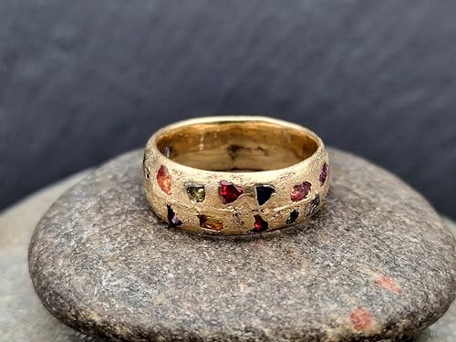 LeoLars-PABE Hochwertiger Sandguss Design Ring, Gr. 56 (17,8), aus 585er Gelbgold mit echten verschiedenen eingegossenen Edelsteinen, massiv, Nr.64, Unikat, Handarbeit