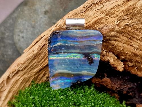 LeoLars-PABE Boulder Opal Anhänger mit 925er Silberrohr, Meeresfarben, mit Regenbogen Opalfeuer Streifen, Unikat, Handgeschliffen