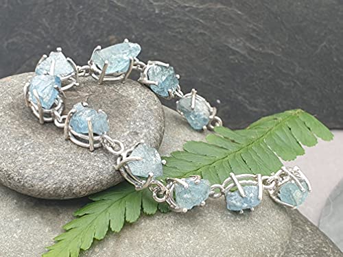 LeoLars-PABE Aquamarin Rohstein Armband aus 925er Silber, 11 Aquamarine, 19cm lang, Unikat, Handarbeit