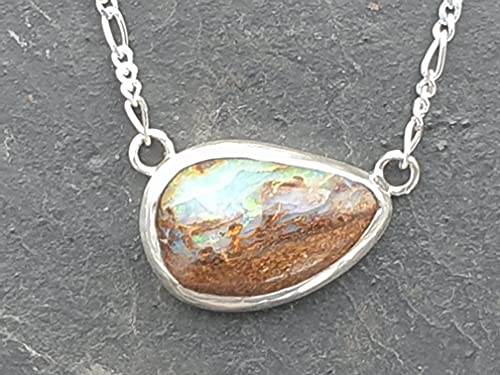 Boulder Opal Anhänger aus 925er Silber mit 47cm Silberkette, Opal 14.5x9.4mm, Unikat, Handarbeit