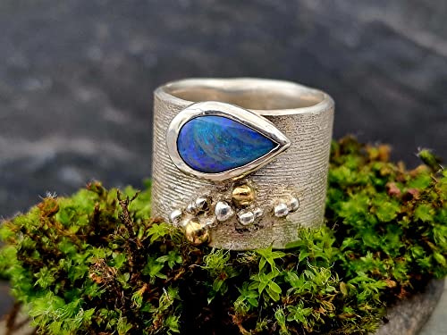 LeoLars-PABE Lightning Ridge Opal Design Ring, Gr.58, aus 925er Silber mit 750er Gelbgold Akzenten und echter Pampasgras Struktur, Unikat, Handarbeit
