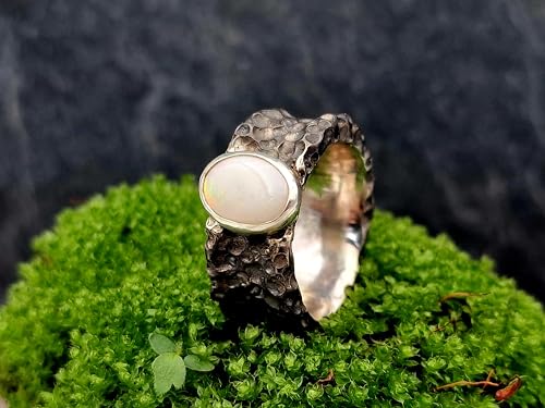 LeoLars-PABE Weißer Opal Design Ring, Gr.58-59, im Lava Style aus 925er Silber, natürlich, massiv, teilgeschwärzt, Unikat, Handarbeit