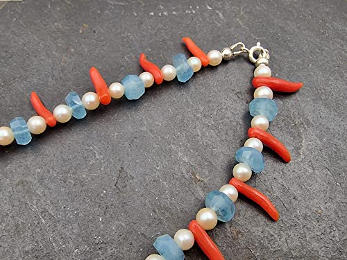 LeoLars-PABE 44cm Aquamarin und Perlen Kette mit 925er Silberverschluss, Unikat, Handarbeit