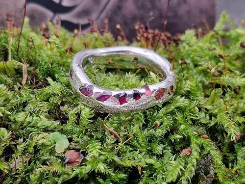 LeoLars-PABE Geschwungener Sandguss Design Ring, Gr.57 (18,2), aus 925er Silber mit eingegossenen bunten echten Edelsteinen, Unikat, Handarbeit