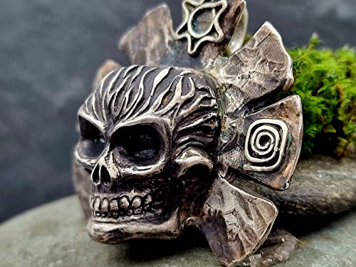 LeoLars-PABE Skull Anhänger im Azteken Design aus 925er Silber, Massiv 55g, Handgeschnitzt, teilgeschwärzt, Unikat, Handarbeit