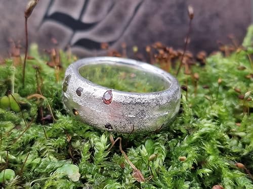 LeoLars-PABE Design Sandguss Ring, Gr.55 (17,5), aus 925er Silber mit verschiedenen echten eingegossenen Edelsteinen, Handarbeit, Unikat