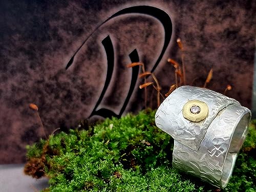 LeoLars-PABE Breiter Wickel Design Ring mit 3mm cognacfarbenem Brilliant, aus 925er Silber mit 585er Goldfassung, Gr.60/61, Unikat, Handarbeit