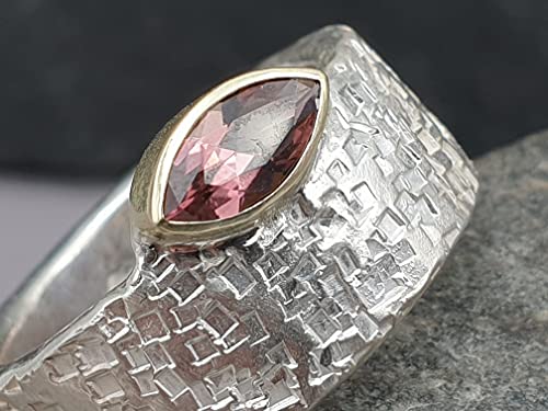 LeoLars-PABE Rosa Turmalin Ring, Gr.54, aus 925er Silber mit 585er Goldfassung, Structure Design, Unikat, Handarbeit