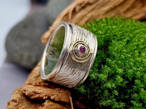 LeoLars-PABE Rubin Spinner Design Ring, Gr.57, aus 925er Silber mit Holzmaserung und 585er Goldschnecke um den Rubin, Unikat, Handarbeit