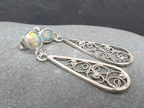 Lightning Ridge Opal Filigree Ohrhänger aus 925er Silber, Stecker, Traditionell und Modern, Unikat, Handarbeit
